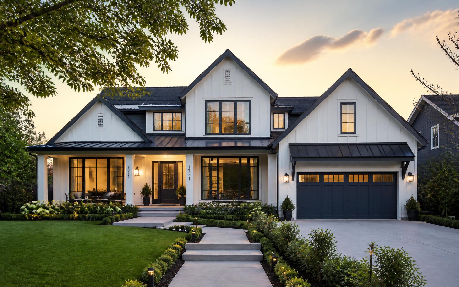 A modern white home with navy trim at golden hour